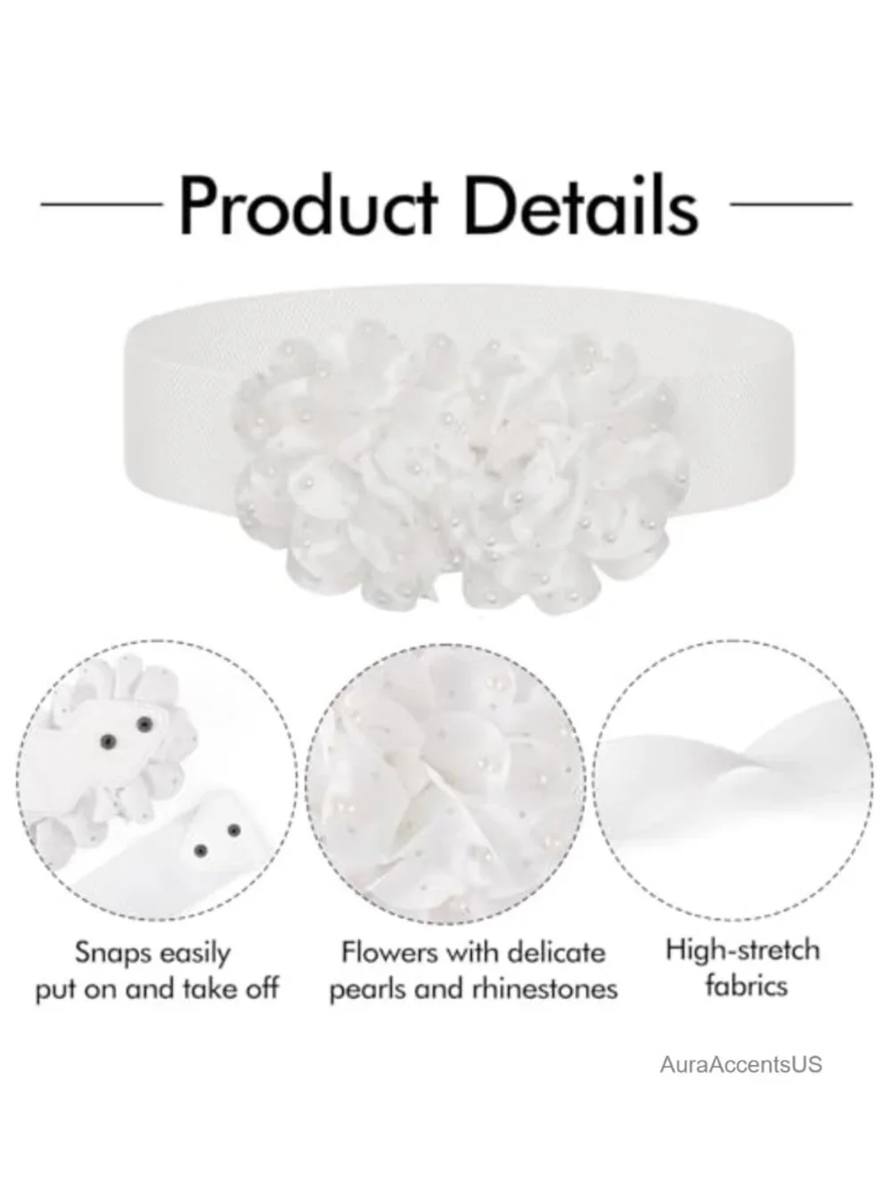 Stretchy Wide Elastic Belt with Pearl Flower Design for Women